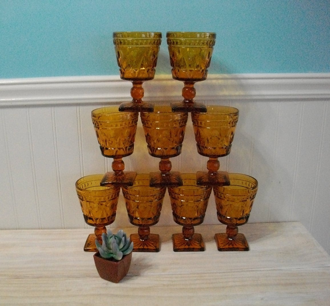 Vintage Amber Embossed Glass Stemware Glasses Set of 9 / Retro