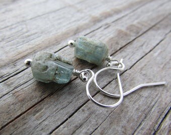 Raw Aquamarine Earrings, rough cut gemstone nuggets, dangle earrings