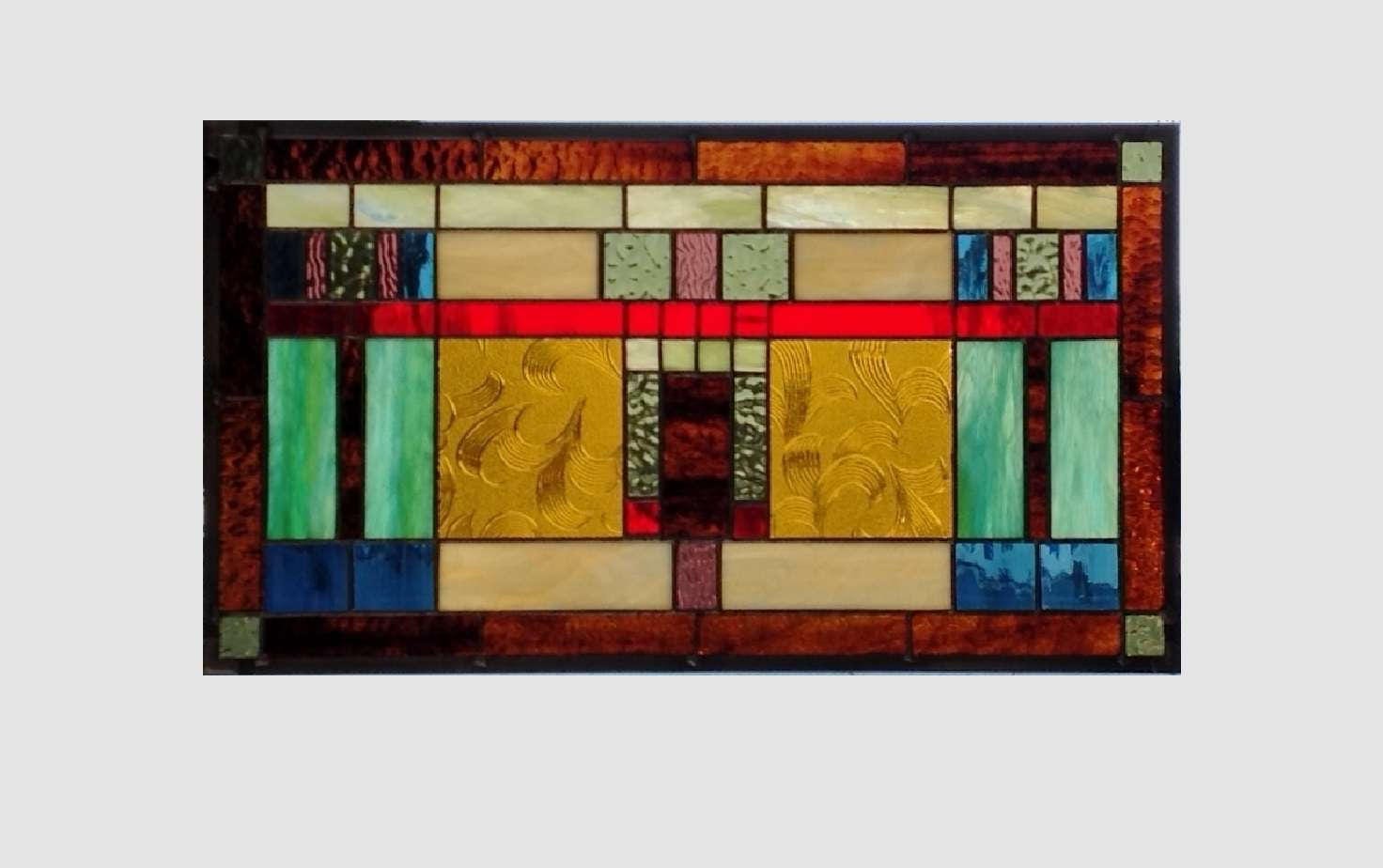 Arts and crafts stained glass panel window hanging amber