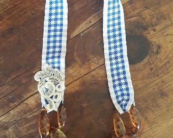 Vintage French Gingham And Tortoise Chain Necklace
