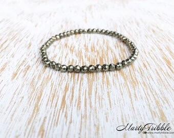 Faceted Pyrite Bracelet, Dainty Gemstone Bracelet, Petite Jewelry, Faceted Mineral Bracelet, Metallic Stone Bracelet, Accent Bracelet, Vegan
