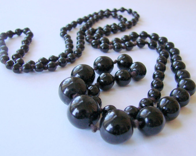 Vintage Flapper Graduated Black Glass Bead Necklace 38" Hand Knotted Antique Jewelry Jewellery