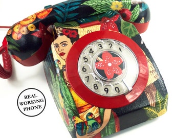 Unique Custom Frida Kahlo Shimmer Upcycled Vintage Rotary Phone FULLY WORKING