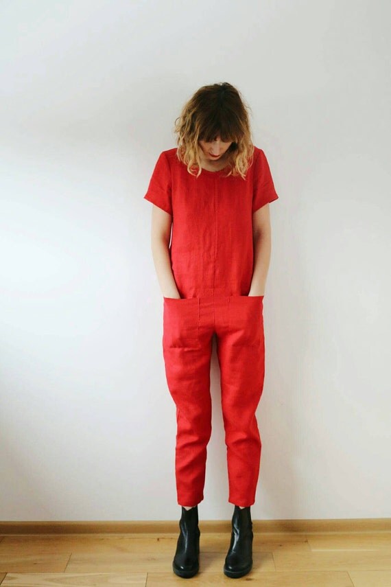 Red Linen Jumpsuit Short Sleeve Jumpsuit Women Overall