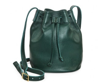Forest green leather bucket bag, leather handbag, crossbody bucket bag
