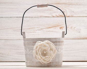 Flower Girl Basket, Ivory Flower Girl Basket, Wedding Basket, Rustic Flower Basket, Wood Flower Basket, Flower Bearer Basket, Bridal Basket
