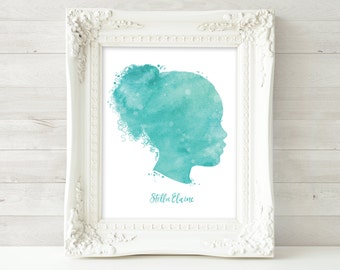 Custom Silhouette Portrait, Child's Portrait, Printable Watercolor Silhouette, Mom Wall Art, Personalized Mom Gift for Mom Mother's Day Gift