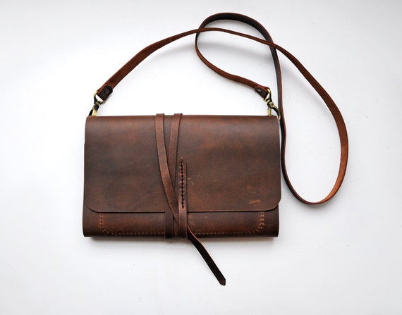 Leather sketchbook case with pen holder and cross body strap