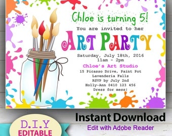 EDITABLE - Printable Art Party Invitation. Children's invitations. Bright, Edit with Adobe Reader. INSTANT DOWNLOAD, Paint