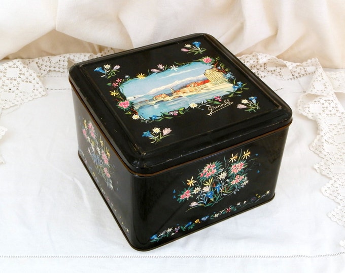 Large Vintage French Metal Tin with Floral Pattern and Illustration of the Town of Grenoble, Shabby, Romantic, Retro, Decor, Country, Box