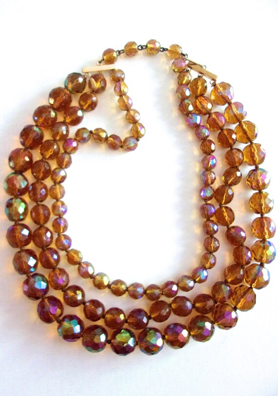 Amber Carnival Glass Bead Necklace Faceted Multi 3 Strand