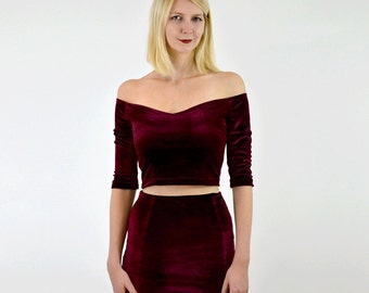 SPECIAL EDITION Coco Party Going Out Burgundy Velour Crop Top. Stretch Velvet Off Shoulder Christmas Top with Elbow Length Sleeves in Red