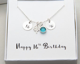 Birthday Necklace, Personalized 16th Birthday Necklace, 16th Birthday Gift, Tiny Clover Necklace, Sterling Silver Initial Necklace,16th Gift