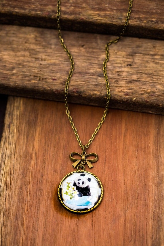FREE SHIPPING - **NEW** Panda In A Teacup 30mm Bronze Lace & Bow Pendant Necklace - Unique - Vintage - Gorgeous Gift - Love