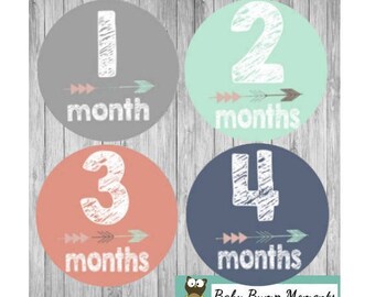Baby Month Stickers Girl, Monthly Baby Stickers, Tribal Baby Stickers, Monthly Milestone, Milestones Baby Gift, Arrows, Teal and Coral