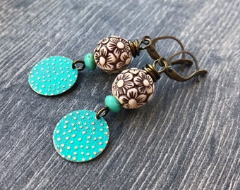 Verdigris Patina Earrings. Brass Earrings. Lightweight Earrings. Aqua Turquoise Earrings. Lightweight Floral Earrings. Verdigris Jewelry