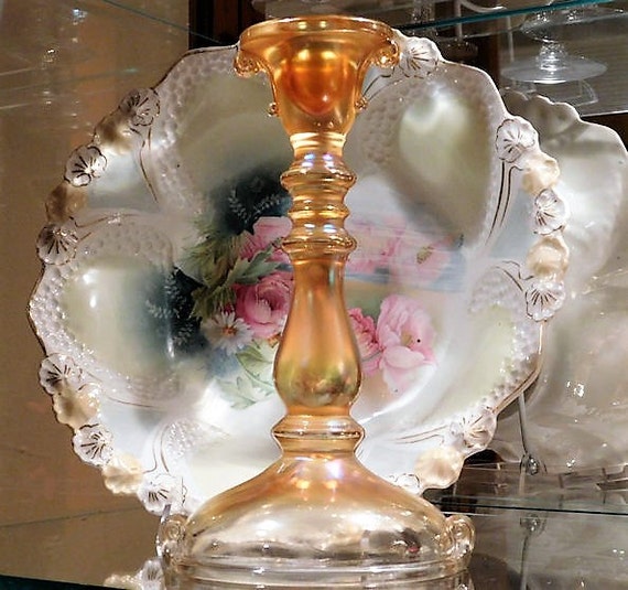 Imperial Glass Candlestick Art Deco 1920s Double Scroll Rubygold Marigold Carnival Candle Holder Cottage Home Decor Wedding Shower Gift