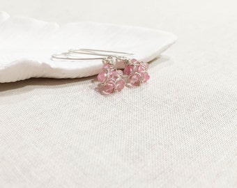 Pink Topaz Bloom Earrings - Petite Faceted Pink Topaz Flower Drop Earrings Wire Wrapped Gemstones in Sterling Silver Handmade OOAK