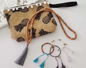 Clutch + jewelry goodies bag - special Grab Bag - All the goodies in this photo - tassel necklace, pineapple clutch, beaded bracelets