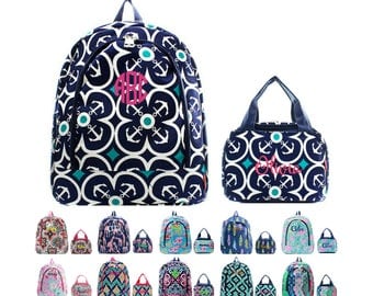 Personalized Matching Kids Backpack & Lunch Bag Set Monogrammed Lunchbox Bookbag Girls Boys Paisley Whale Boho Arrow Anchor Giraffe Ikat