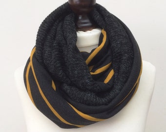Circle Scarf, Mustard Wool Scarf, Tricot Loop Scarf, Two Sided Knit Scarf, Infinity Scarf, Striped Loop Cowl, Men's Scarf, Unisex Scarf