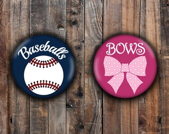 Bows or Baseballs gender reveal pins, dark pink and navy blue background