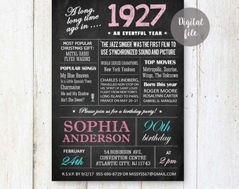 90th Birthday Invitations | Chalkboard invitation for women best great grandmother granny nanny parents | What happened facts 1927 DIGITAL!