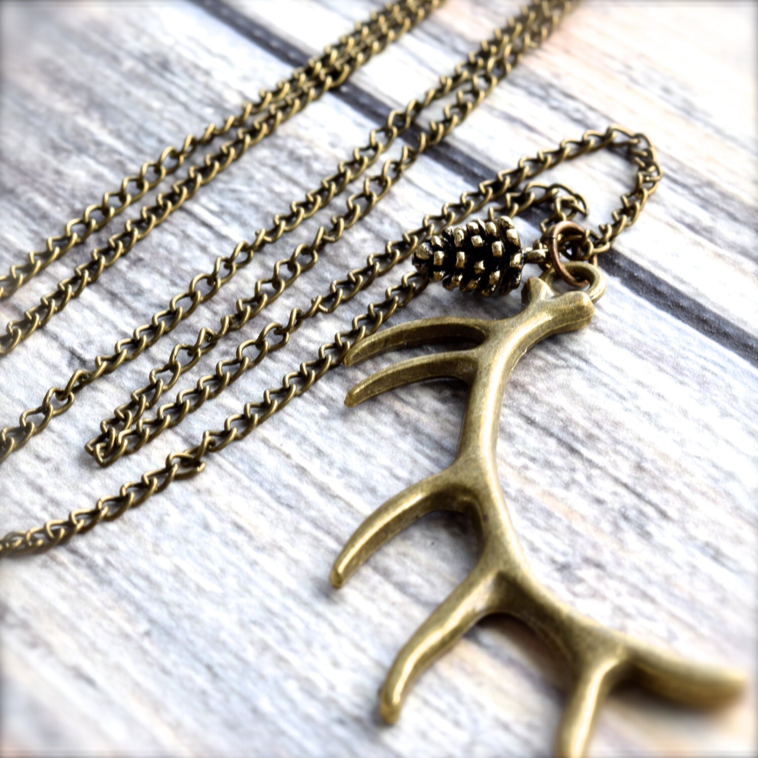Antler Necklace, Long Antique Gold Necklace, Antique Gold Layering Necklace, Woodland Necklace