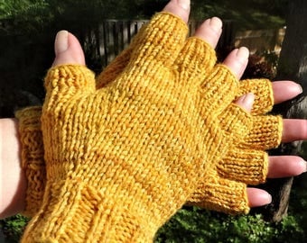 Half Finger Ladies' Gloves Hand Knit Yellow Merino Wool & Nylon Half Finger Gloves Variegated Golden Yellow Half Finger Gloves Hand Warmers