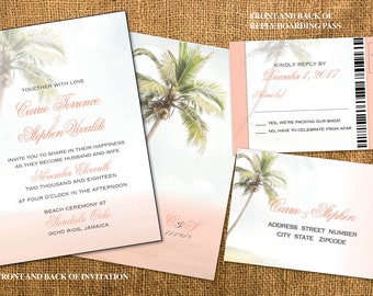 Beach Wedding Invitations in Blush and Golds | Vintage Chic | Calligraphy Fonts | Boarding Pass Reply | Mexico Jamaica Cabo Punta Cana