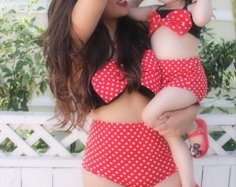 Matching Mother Daughter High Waisted Bikini! Mommy and Me Minnie Inspired Swimwear. Red White Polka Dot Bow Top & High Waist. Adult Size.
