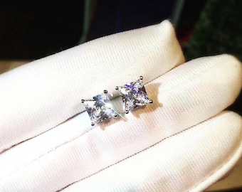 Princess Cut Earrings, Total 2 Ct (6mm each ) Man Made Diamond, 925 Silver Studs Earrings, Daily Wear Earrings ( FairyParadise )