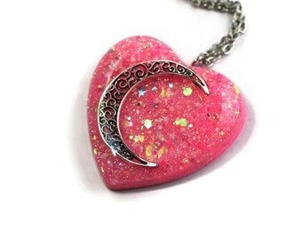 Big Glow Moon Necklace Glow in the Dark Jewelry Moon Pendant Huge Heart Glitter Hot Pink Glitter Moon Goddess Jewelry