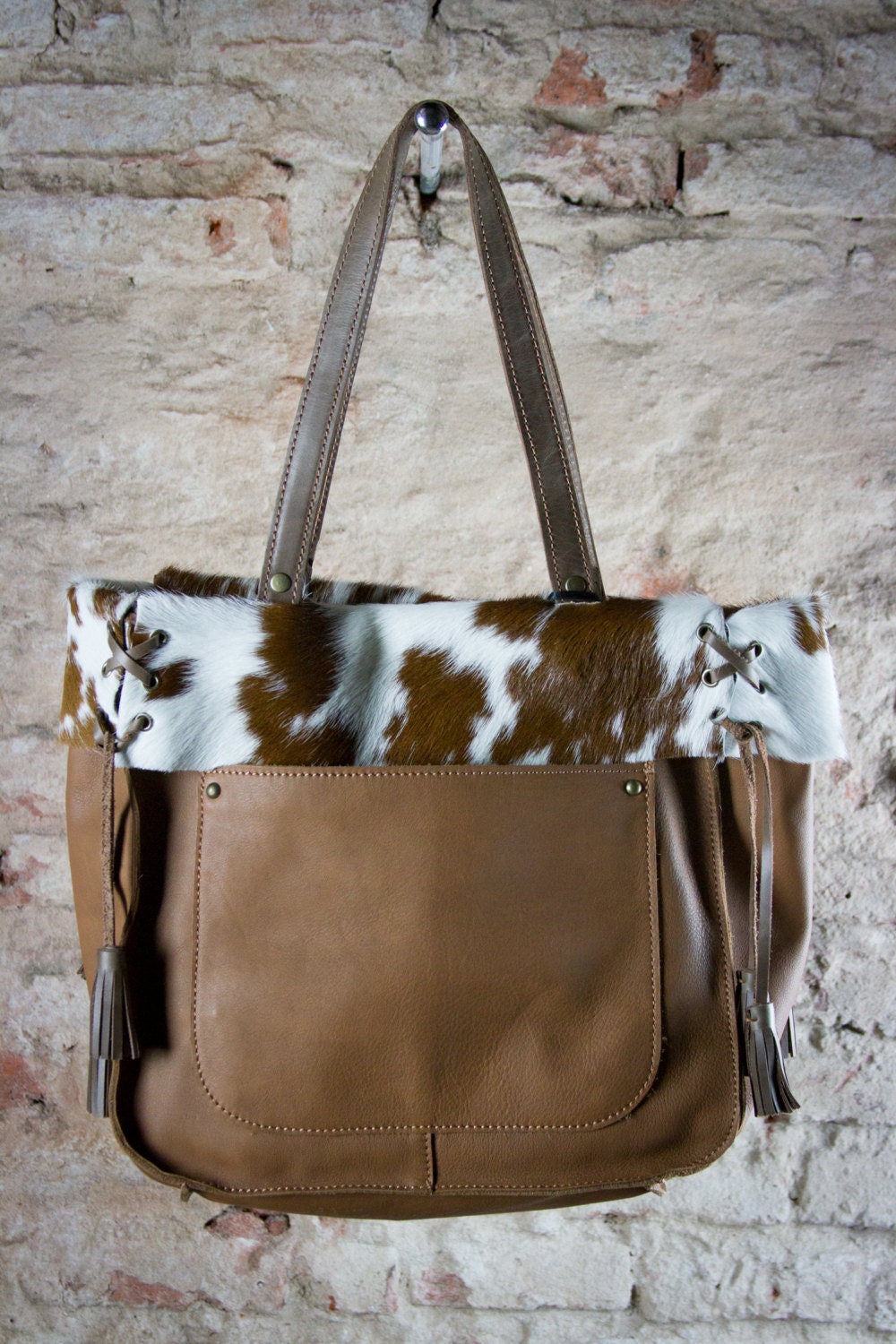 Brown cowhide tote cow hide bag brown leather tote fur tote