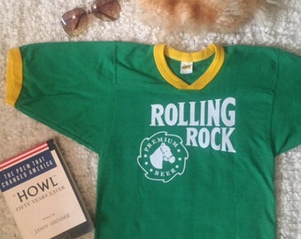 VINTAGE Green & Yellow Rolling Rock Beer Tee XS