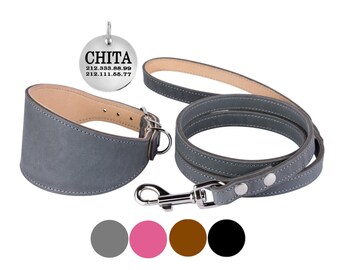Whippet Collar Leather Dog Leash Set Free ID Tag Greyhound Lurcher Borzoi S M L XL Breeds