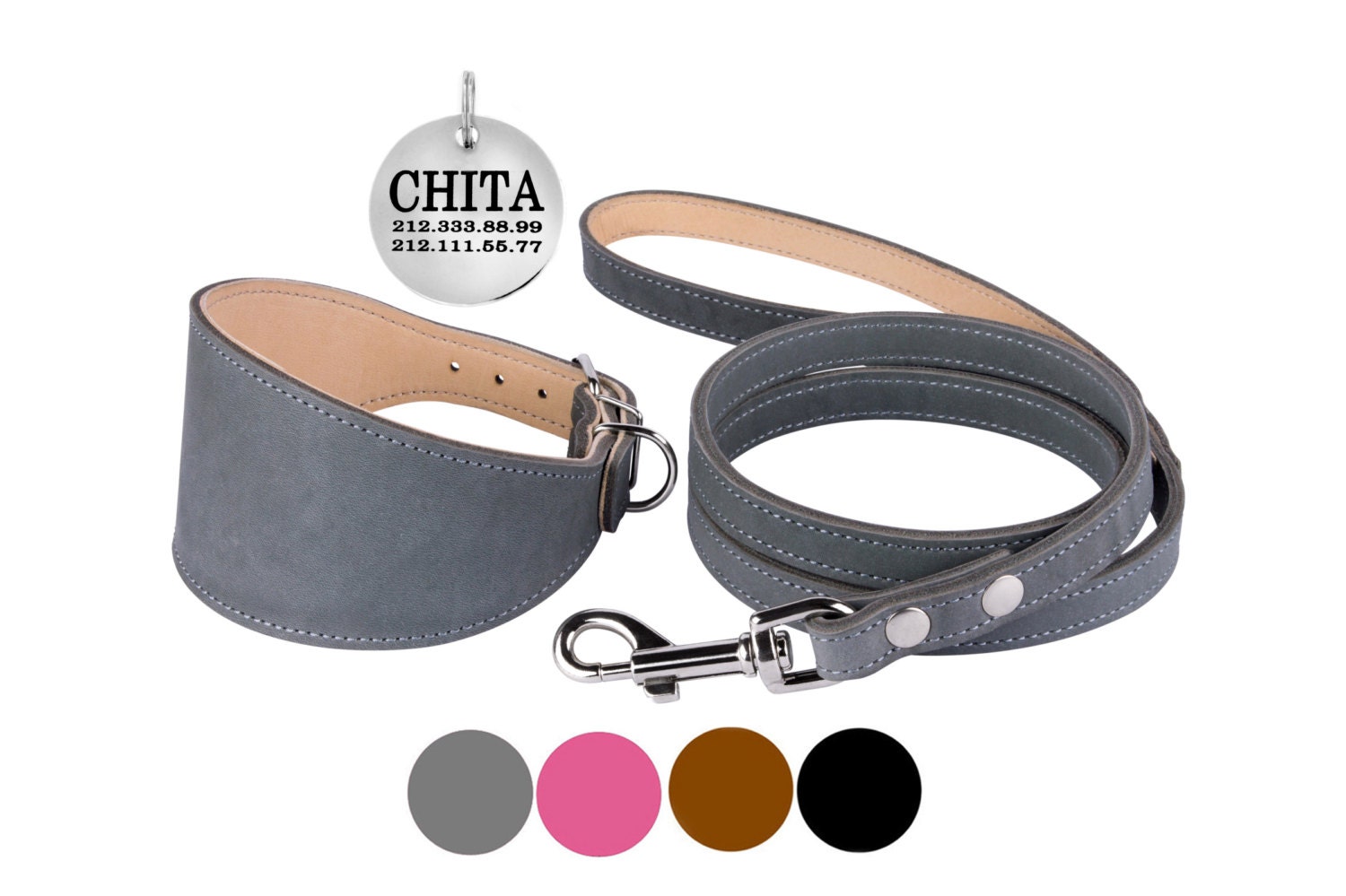 Whippet Collar Leather Dog Leash Set Free ID Tag Greyhound