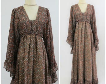 Vintage 60s 70s Black Label GUNNE SAX Joseph Magnin Big Flutter Sleeve Maxi Dress Jessica McClintock