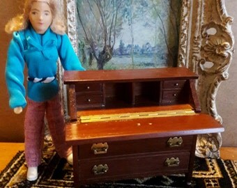 Miniature Desk, Slant Front by Sonia Messer, 1:12 Dollhouse Furniture, Mini Replica, Drop Front Winthrop Secretary, Library Office, Diorama