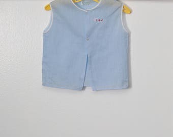 0-6 months: Vintage Baby Diaper Shirt, Blue with Butterfly Embroidery, Made in the Philippines