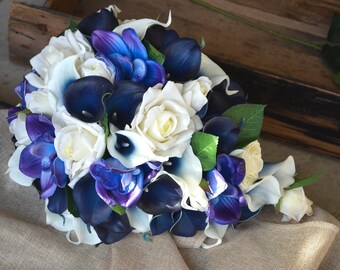 Wedding Package Blue Purple Cascade Bridal Bouquet Real Touch