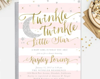 Twinkle Twinkle Little Star Baby Shower, Sprinkle Invitation For A Girl: Blush Pink Stripes, Gold & Silver Glitter Party Invite - Star