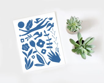 Folk art print, blue art print, mixed media art, large poster, scandinavian art, folk art, bird print, flower print, nature print, landscape