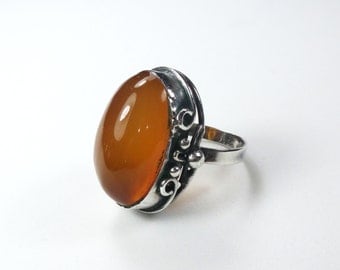 Vintage Silver Amber Ring Large Amber Silver Ring Hallmarked Poland Amber 800 Silver Ring Handmade Ring Boho Statement Size 7.75