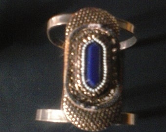 Cuff, decorated, beads, blue faux gemstone, silver hammered,very chic adjustable, Free Shipping