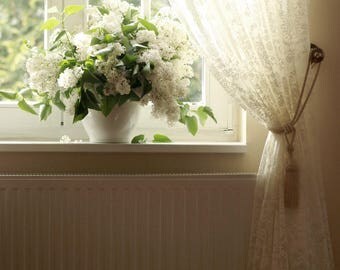 ESTÉE' Classical Patterned White and Ivory Colored W116"Full Lenght French Net Lace Curtain Sale By the Yard or Made To Order