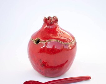 Handmade red pomegranate sugar bowl, ceramic sugar bowl, sugar bowl with spoon, handmade bowl, pomegranate ceramic, ceramics and pottery