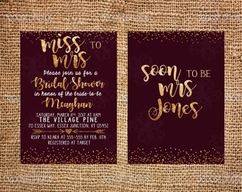 Maroon Gold Bridal Shower Invitation, Glitter Invitation, Wine Red Burgundy Classic Invitation- Printable Download