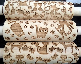 Engraved rolling pin Family gift Gift womens Embossing rolling pin Cat pattern Loves cats gift Pattern rolling pin Cats cookie embosser