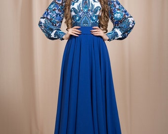 Dark blue Floral maxi dress long sleeve dress by AugustVanDerWalz